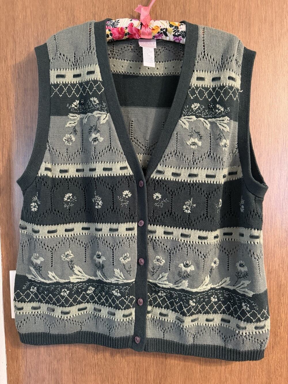 VTG Koret button-front knit sweater vest green beading eyelet ramie cotton 90s